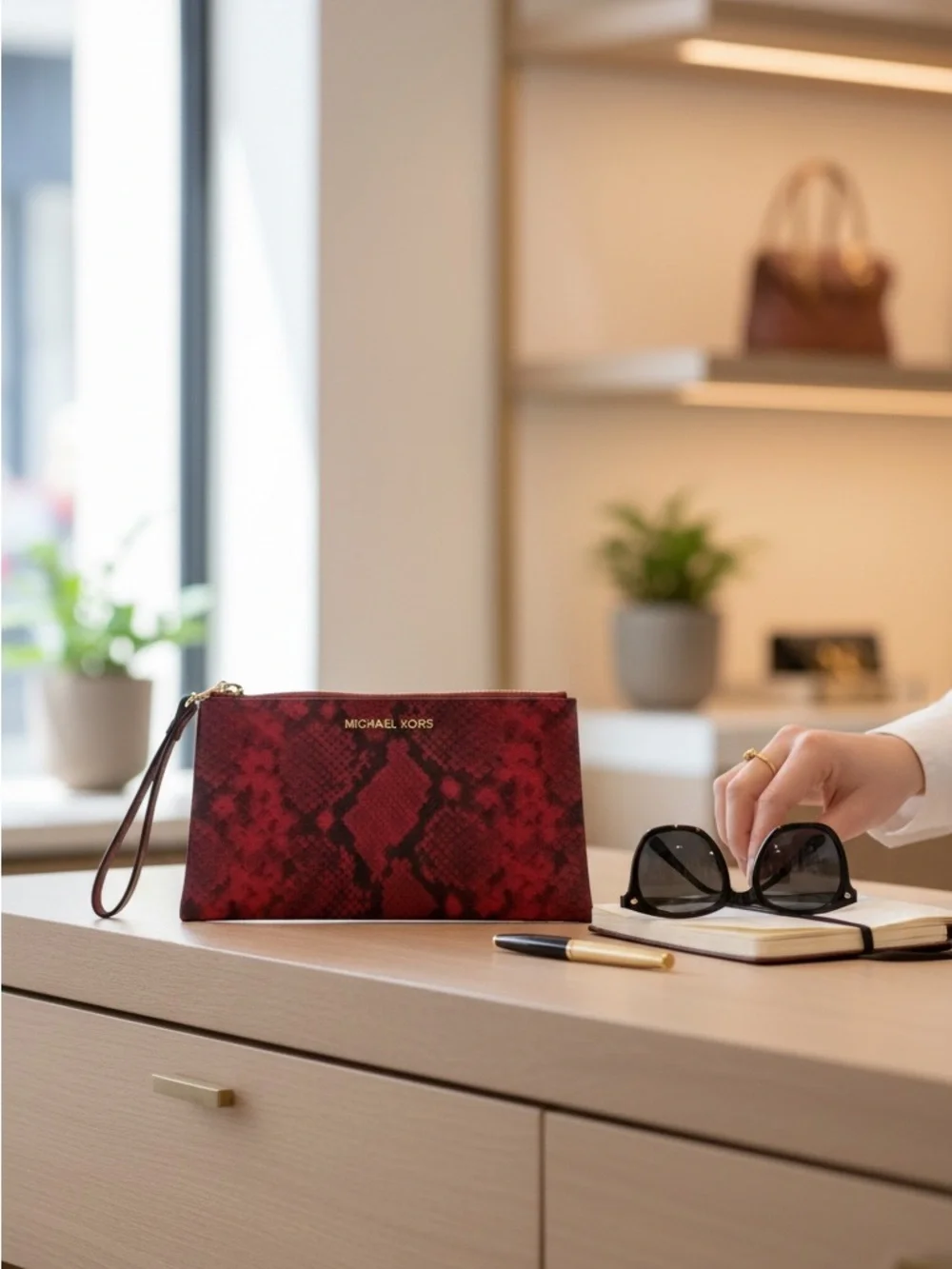 Michael Kors Red Snake-Print Wristlet Clutch with Gold Logo